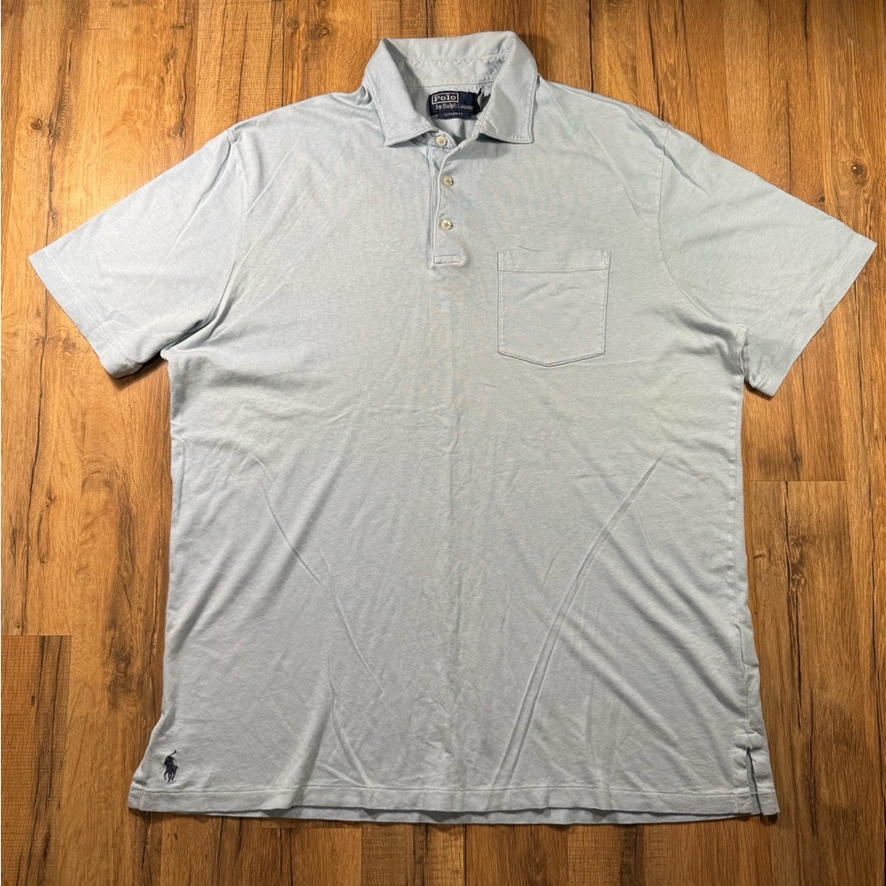 Ralph Lauren Men’s Light Teal Green Polo Shirt Navy Hem Pony Logo - Size L